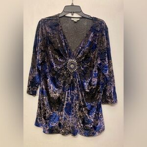 Dressbarn Velvet Burnout Sequin Beaded V Neck 3/4 Sleeve Plus Blue Blouse 1X